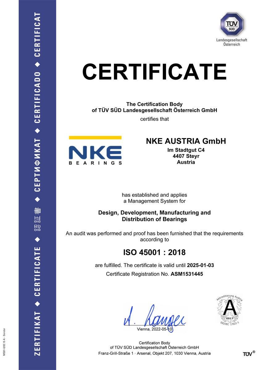 NKE Austria was recertified to ISO 45001, ISO 9001 and ISO 14001 in May 2022