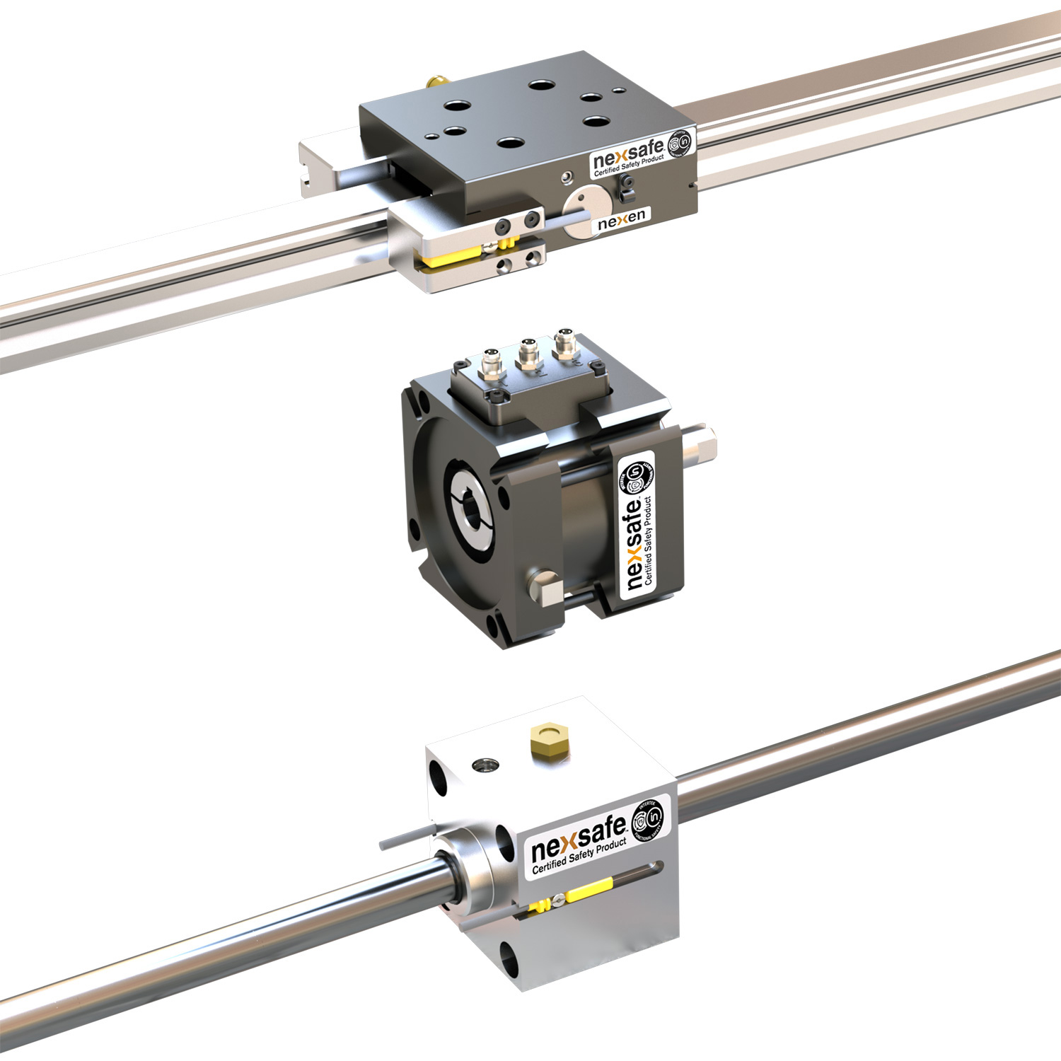 From top to bottom: NexSafe rail brake for installation on profiled guide rails on linear axes; NexSafe servo brake for installation between servomotors and their gearboxes; NexSafe rod lock for installation with or on pneumatic cylinders. 
