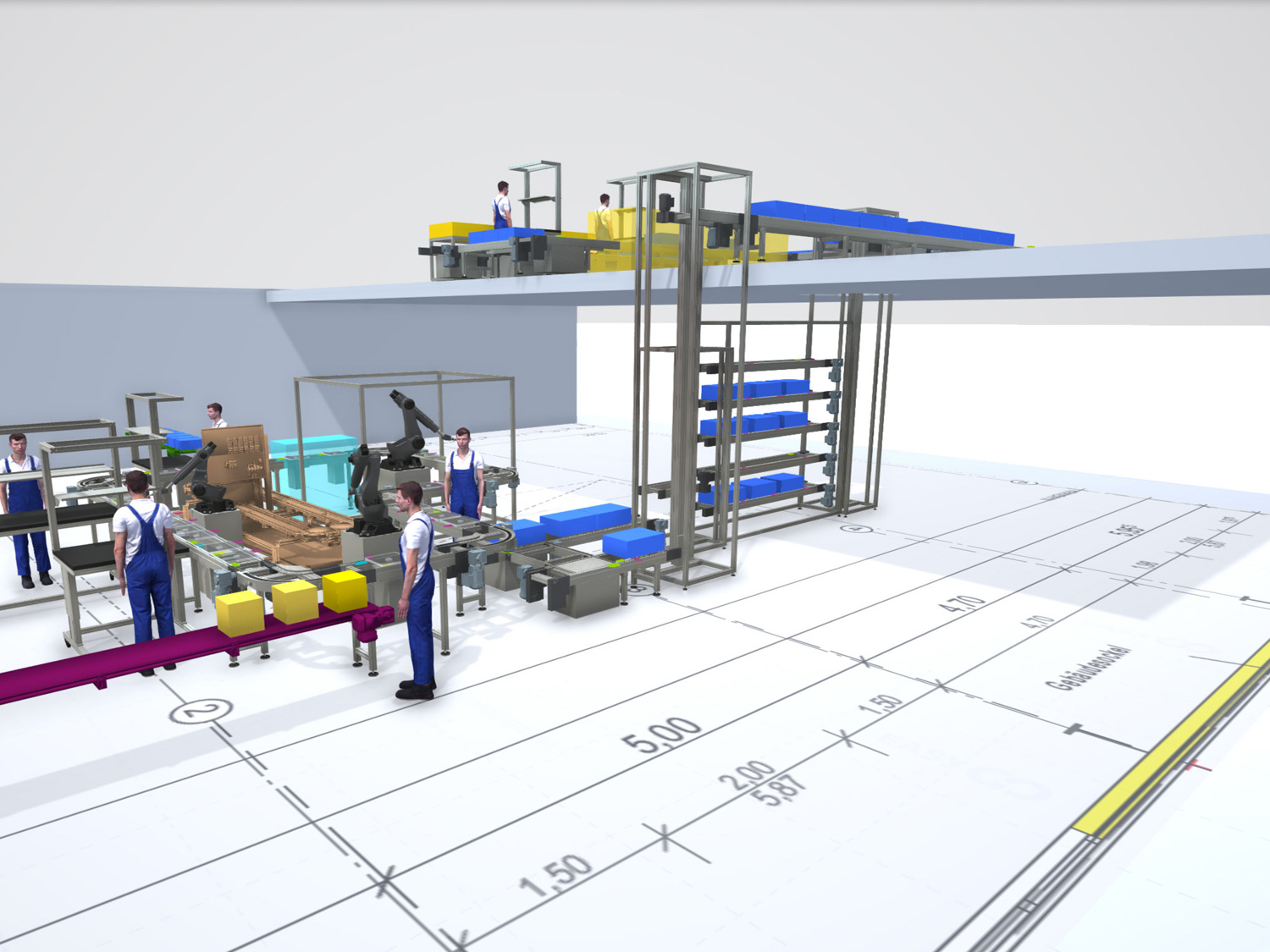 Auch Planungen über verschiedene Etagen sind möglich: durch den Einsatz von Dummy-Modellen, selbst importierten 3D-CAD-Modellen und 2D-Hallenlayouts werden die Anlagendimensionen und -prozesse nachvollziehbar visualisiert <i>(Bildquelle: Schnaithmann Maschinenbau GmbH)</i>