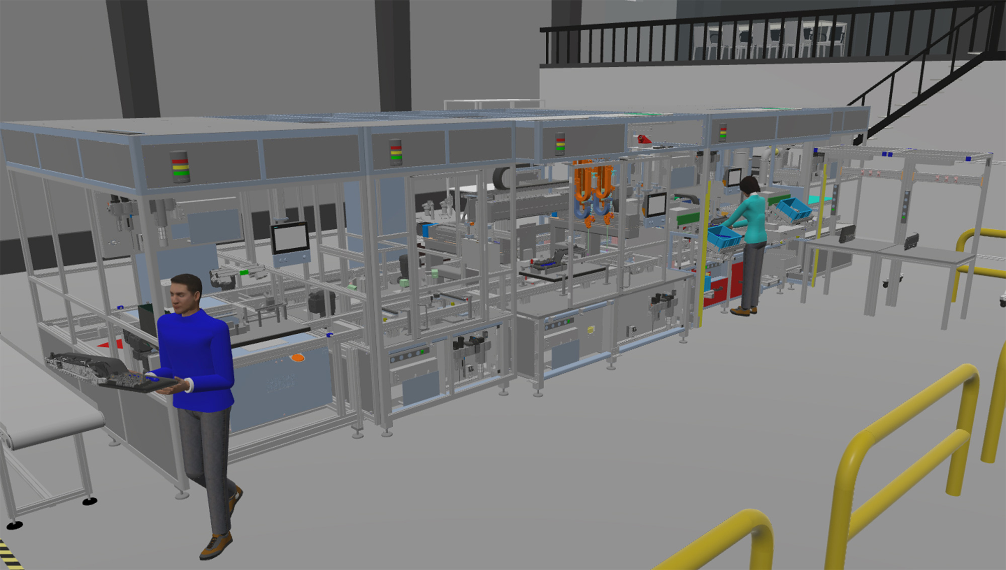 Linie für die Display-Baugruppe, dargestellt mit der Simulationssoftware Visual Components <i>(Bildquelle: Schnaithmann Maschinenbau GmbH)</i>